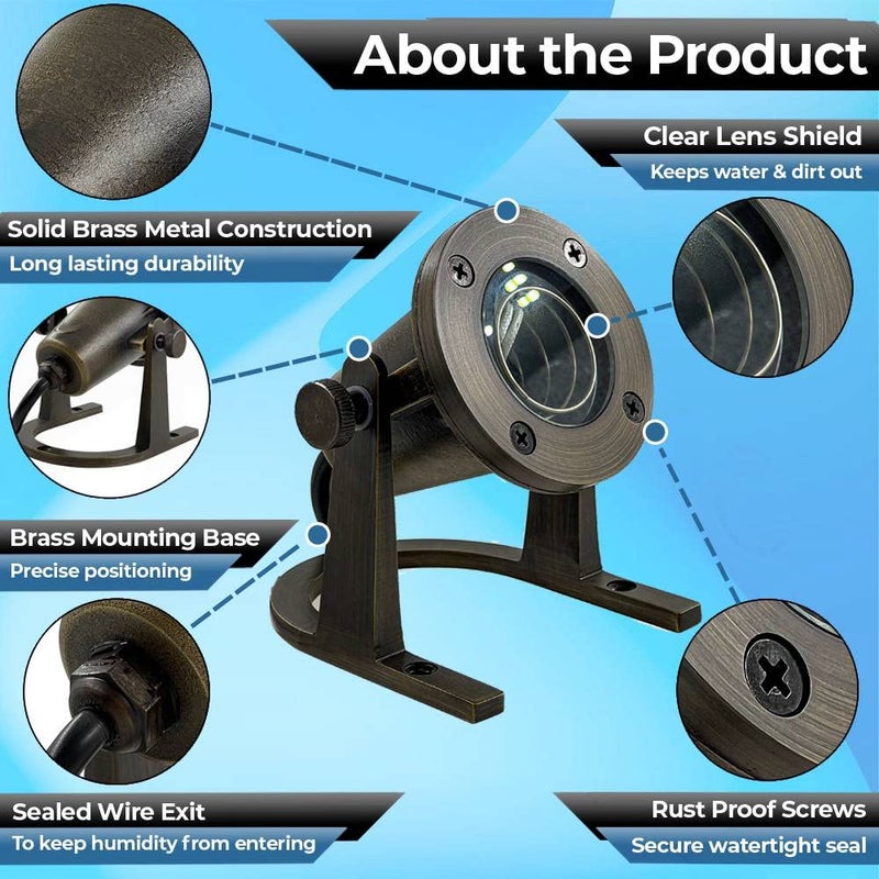 MIK Solutions أضواء تحت الماء MIK Solutions 172 - أضواء بركة تحت الماء من النحاس الصلب LED قابلة للغمر إضاءة شلال بركة دائمة IP 68 مقاومة للماء مع موصلات (بدون لمبة) - Image 2
